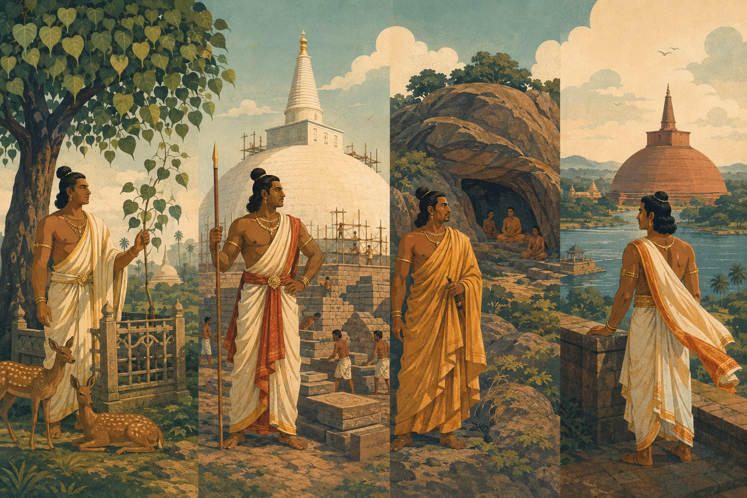 Artist's interpretation of influential Anuradhapura kings with the sacred Bodhi tree, great stupas, a monastery and reservoir