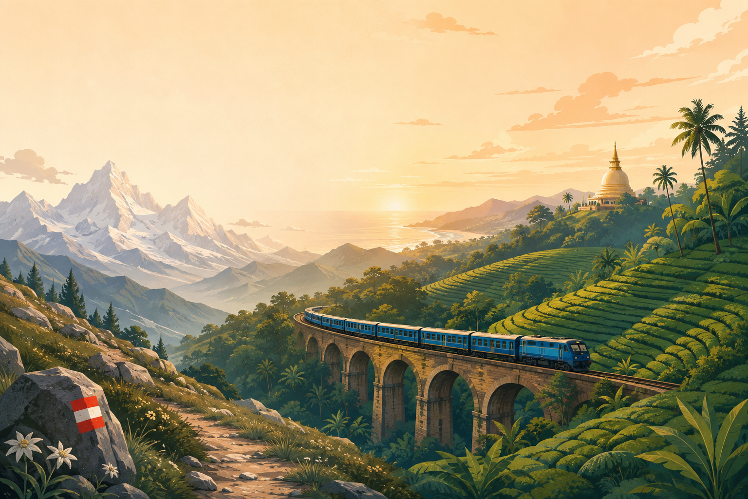 Illustrated journey from Austria's Alps to Sri Lanka's tea country