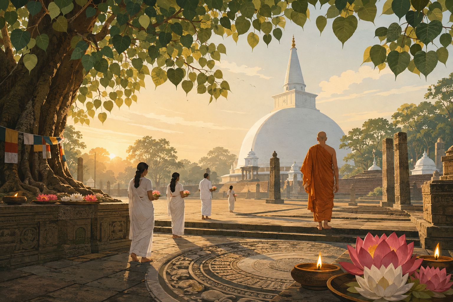 Illustrated Sri Lankan stupa, sacred Bodhi tree, devotees and monk at dawn