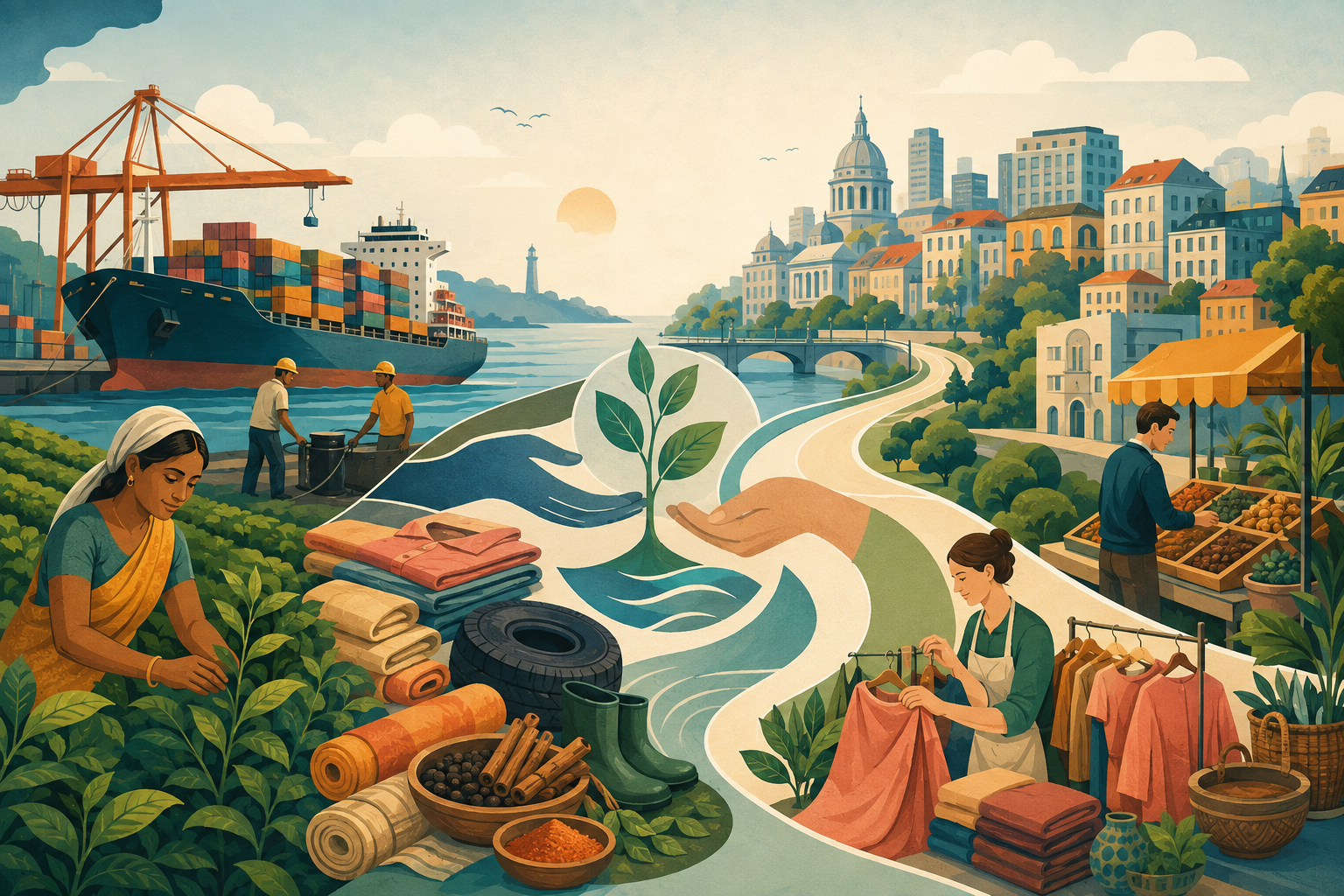 Editorial illustration of sustainable trade between Sri Lanka and Europe