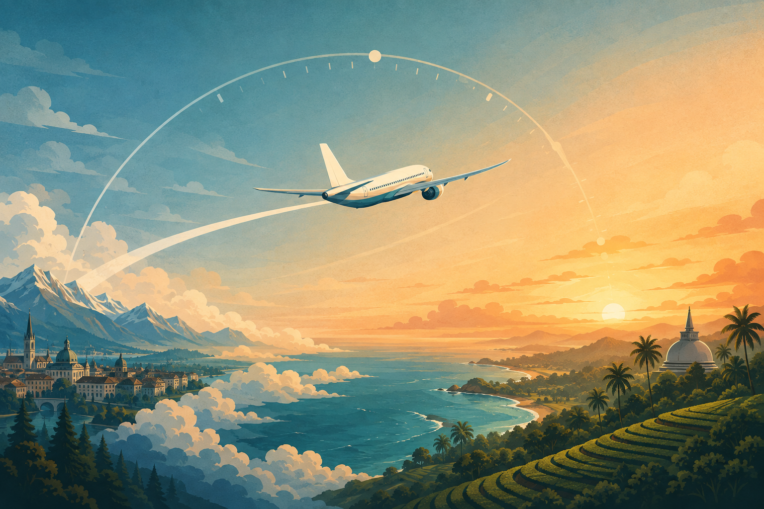 Illustrated flight from Europe to Sri Lanka