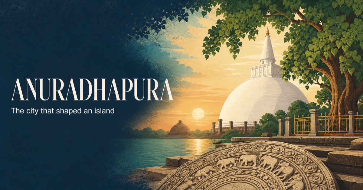 Illustration of Anuradhapura's great stupa, sacred Bodhi tree and ancient moonstone