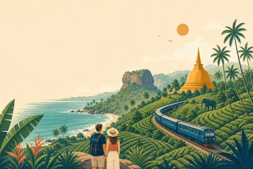 Illustrated Sri Lankan coastline, tea country, train and stupa