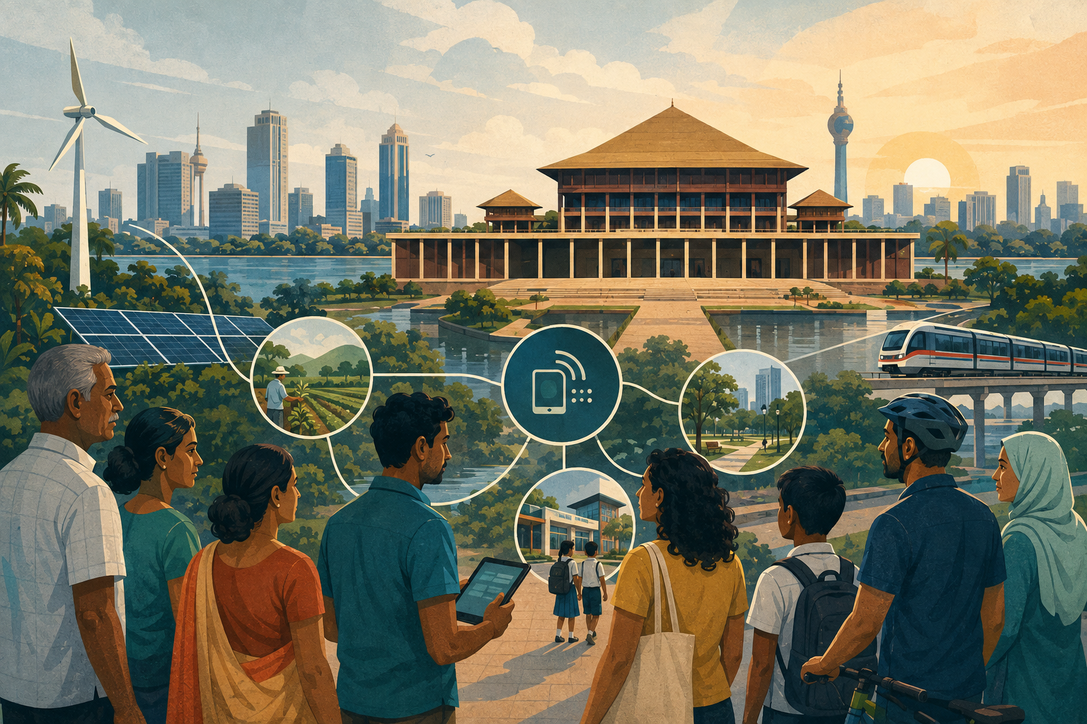 Neutral editorial illustration of Sri Lanka's parliament, citizens, agriculture and digital public services