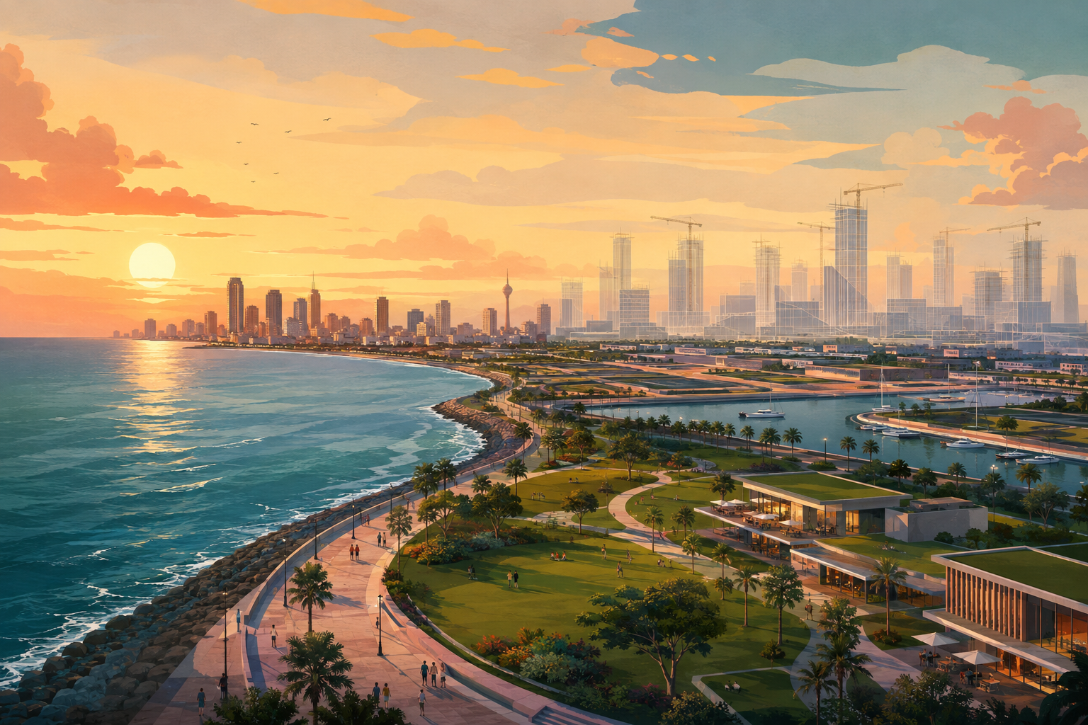Vector-style illustration of Colombo's reclaimed waterfront, promenade and future skyline