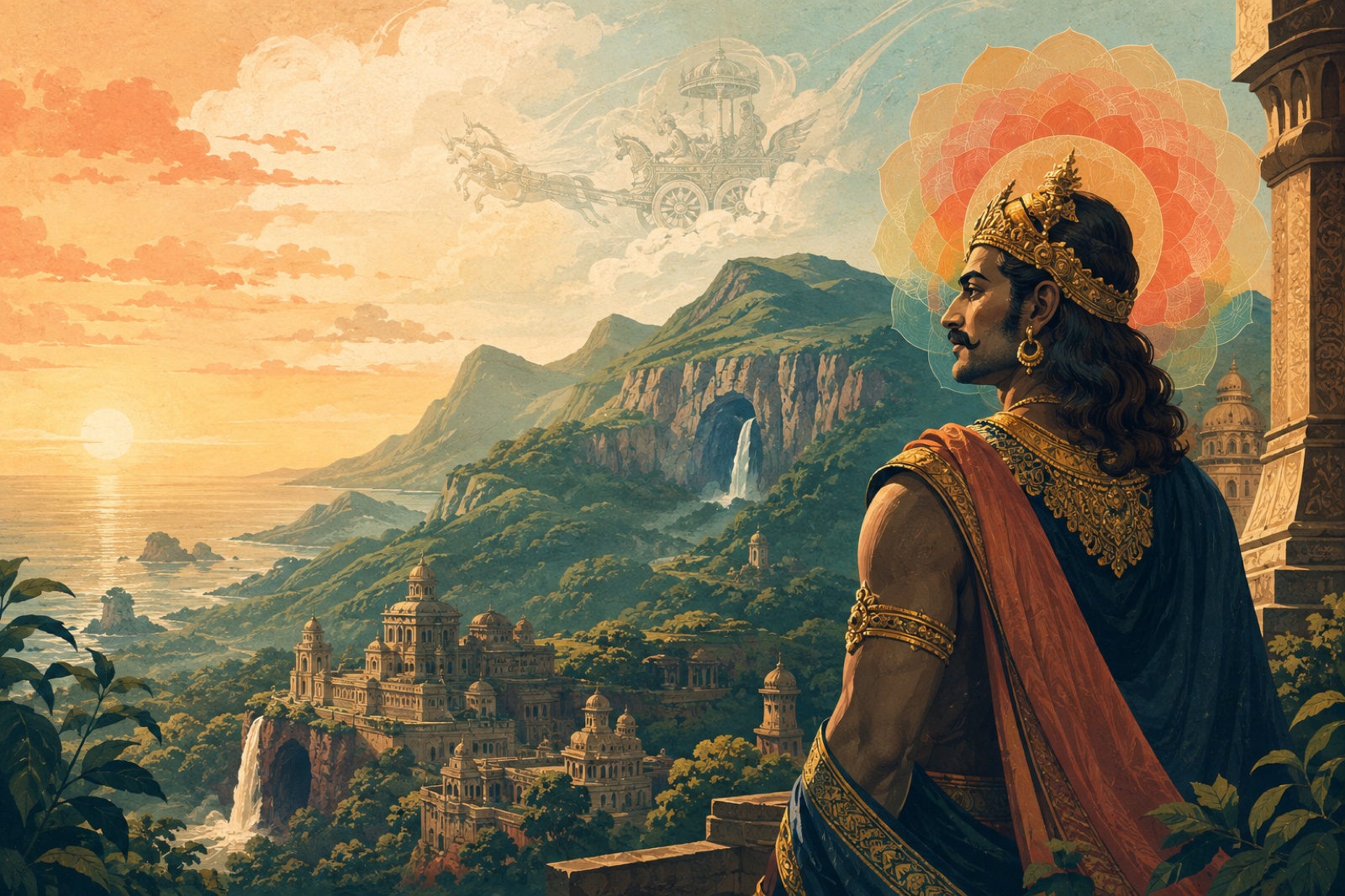 Artistic interpretation of Ravana overlooking a legendary island kingdom