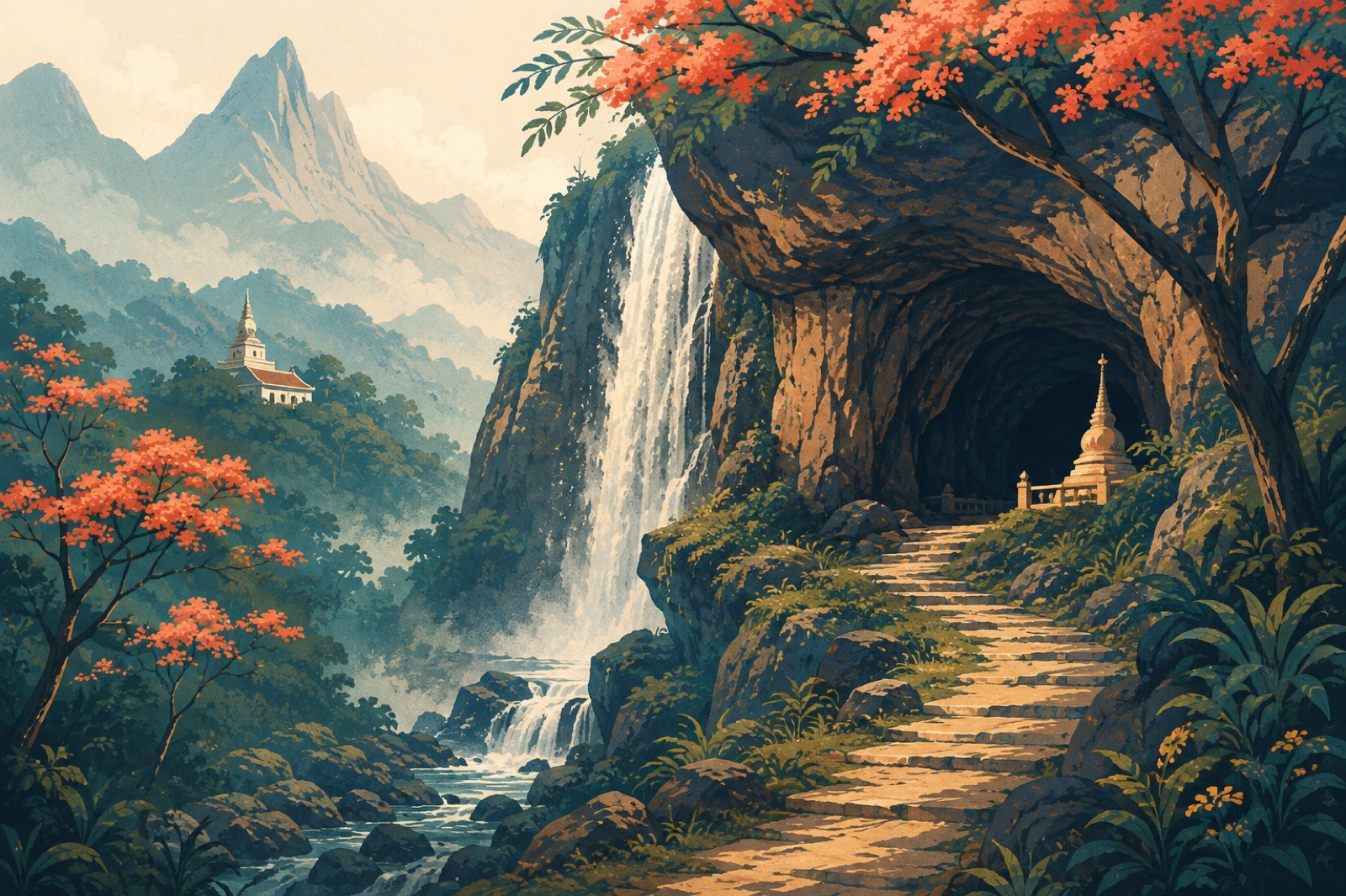 Artistic Sri Lankan highland landscape with waterfall, cave and temple