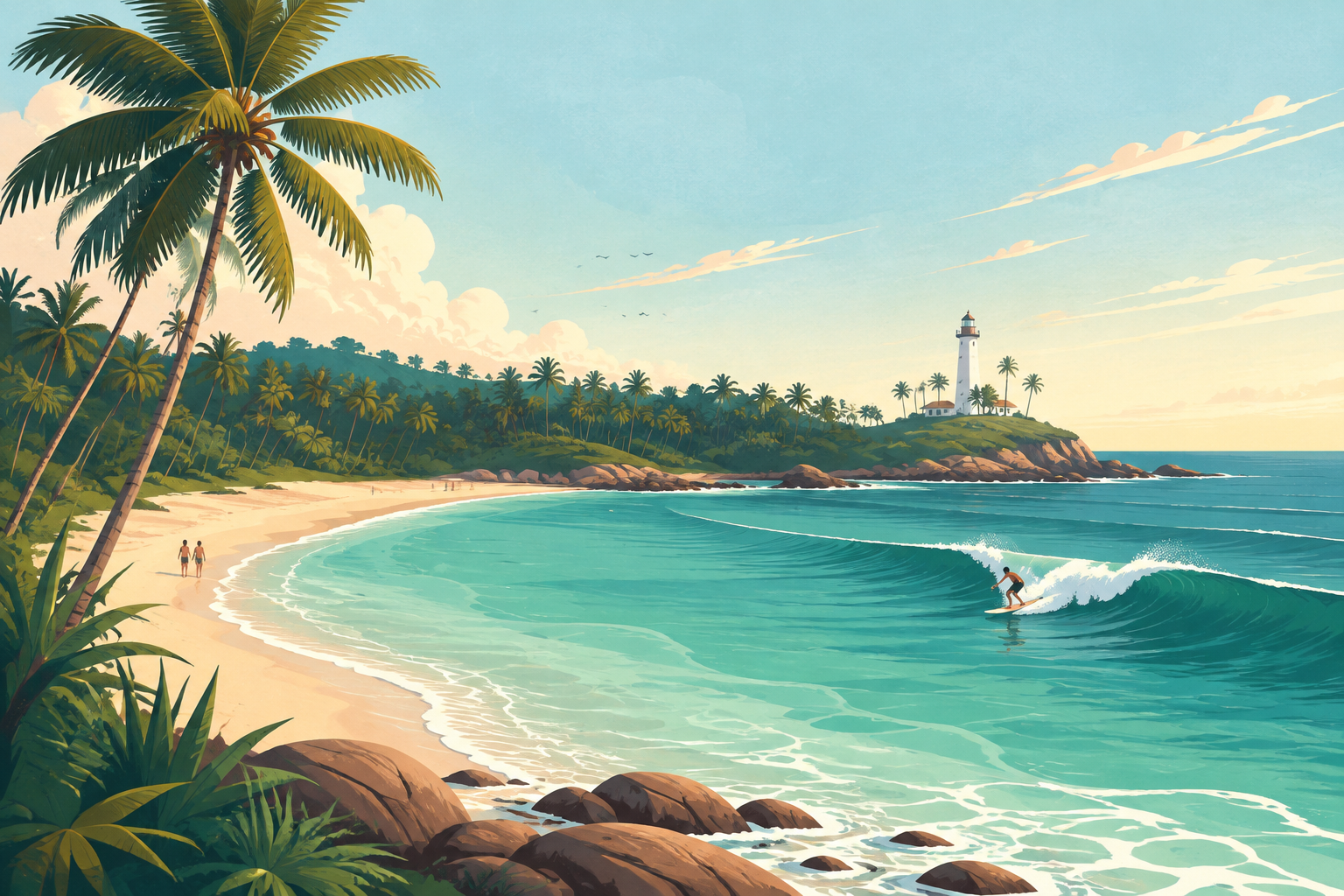 Illustrated Sri Lankan bay with palms, lighthouse and a surfer