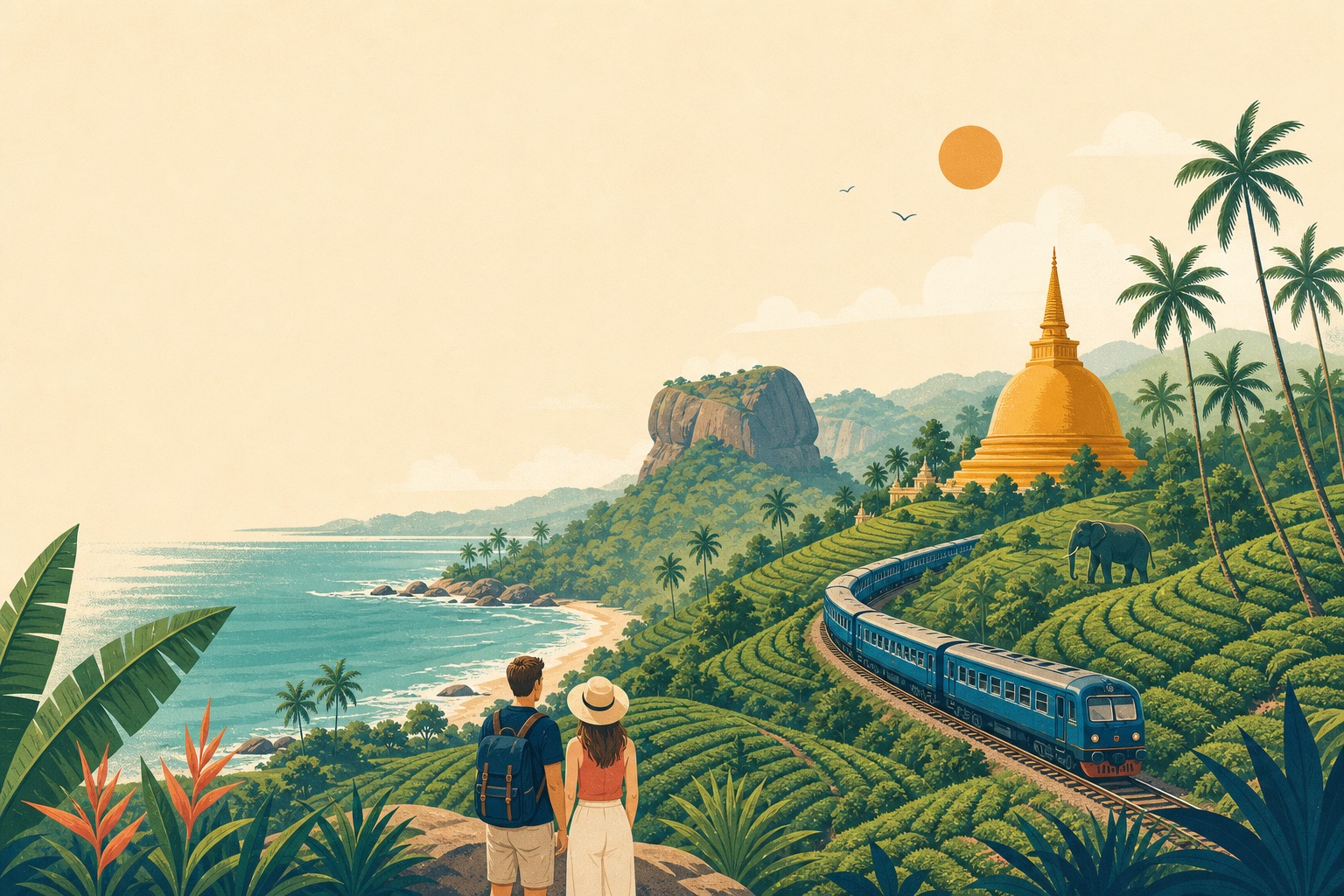 Illustrated Sri Lankan coastline, tea country, train and stupa