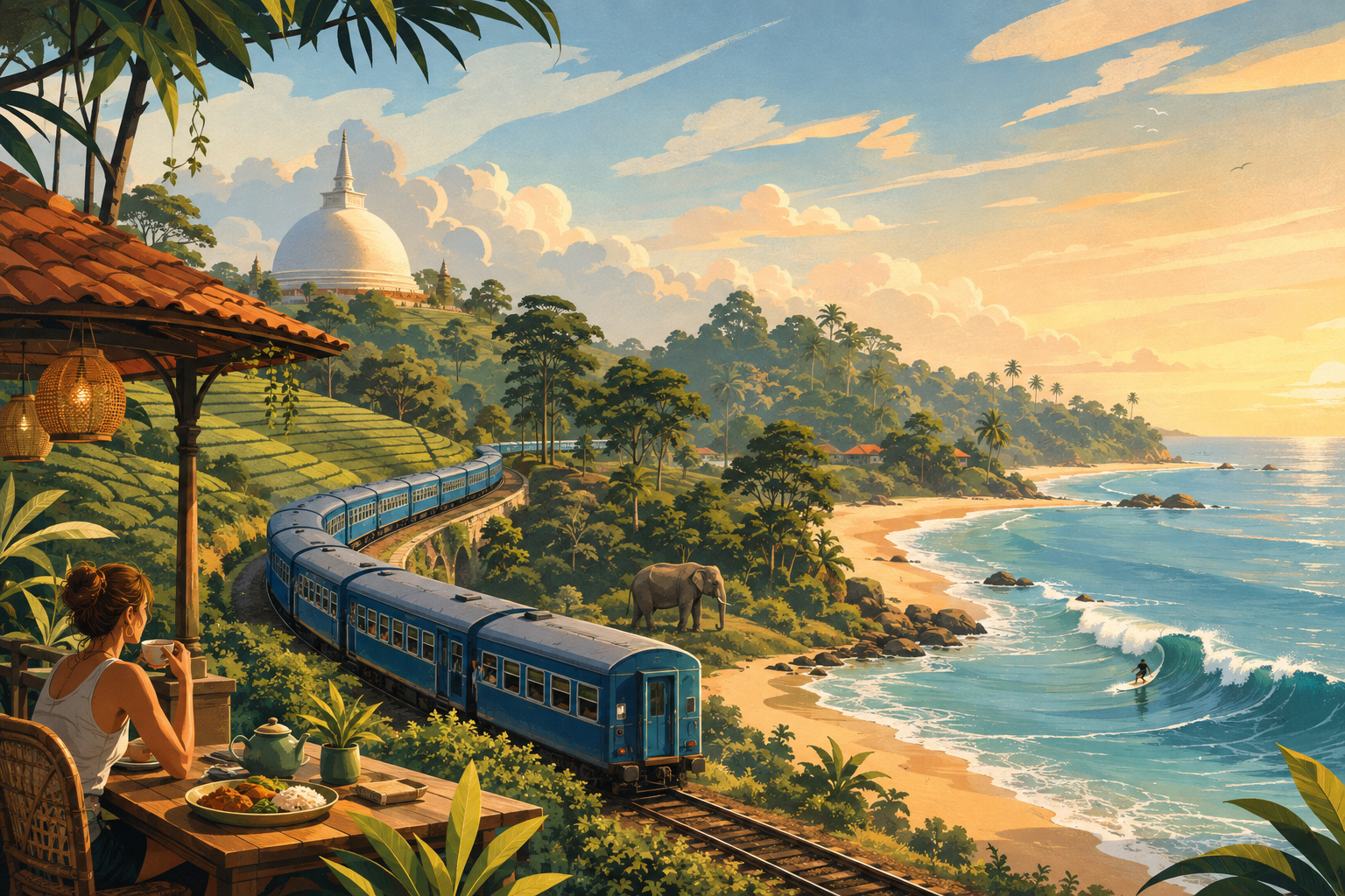 Vector-style illustration of a train through Sri Lanka's tea hills towards the coast